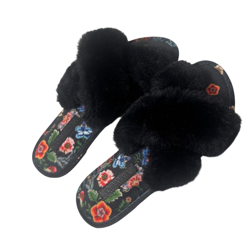 Johnny Was Ardell X Slipper Womens 10 Black Floral Faux Fur Slide Excellent